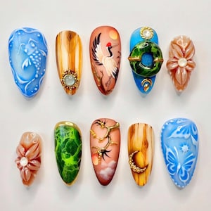 Hand-Painted Asian Art Press On Nails, Koi Fish, Cranes, Jade, Floral 3D Nails, Elegant Handmade Nature-Inspired Nail Art Set, Canival Nails