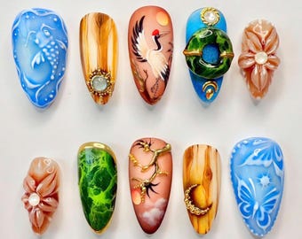 Hand-Painted Asian Art Press On Nails, Koi Fish, Cranes, Jade, Floral 3D Nails, Elegant Handmade Nature-Inspired Nail Art Set, Canival Nails