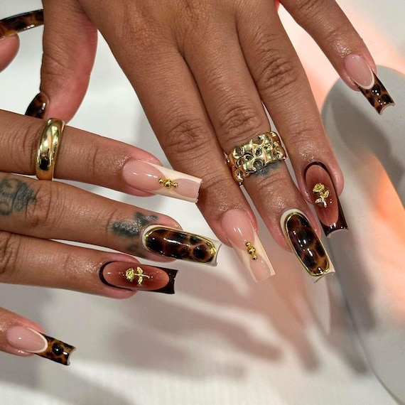 Brown Nail Set, Press On Nails Square, French Tips Press-Ons, Y2k Press On Nails, Handmade Acrylic Autumn Fake Nail, Fall Nails, Gel Nails.