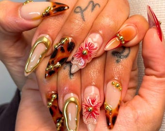 Crystal Fall Press On Nails with 3D Flowers and Gold, Long Tortoise Shell Nails in Neutral and Brown Tones for a Fall Look, Brown Nail Set.