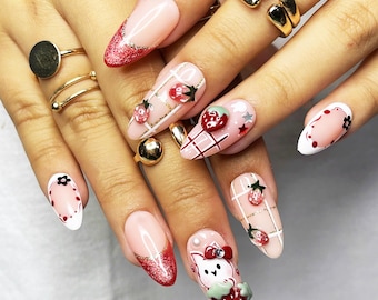 Uñas postizas 3D de conejito de fresa, uñas postizas adorables, diseño kawaii rosa para uñas, dulce set de uñas acrílicas postizas, regalo para ella, diseño único de conejito