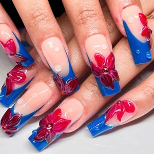 Red Flower With French Tips Press On Nails, Vibrant Long Nails, 3D Flower Nails Designs, Custom Fake Acrylic Nails, Spring - Summer Nail Art