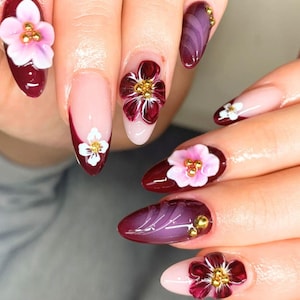 Gorgeous Purple Press On Nails, Crystal 3D Flower with French Tips Fake Nails for Fall Lover, Autumn Nail Set, 3D Nails, Cute Holiday Nails.
