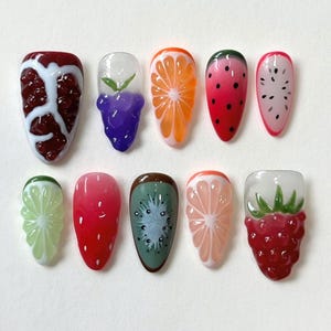 Unique Summer Nail Designs with Vibrant Fruit, Summer Picnic Fruit Nail Art, Hand-painted & 3D Sculpted, Trendy Nail For Party Made to Order