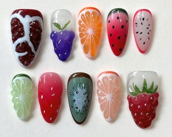 Unique Summer Nail Designs with Vibrant Fruit, Summer Picnic Fruit Nail Art, Hand-painted & 3D Sculpted, Trendy Nail For Party Made to Order