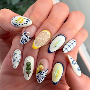 Handmade Press On Nails with Lemon, Fish & Blue Floral Design, Summer Nail Art, Unique Artisan Fake Nail Set for Women, Holiday/Party Nails.