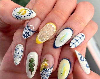 Handmade Coastal Market Press on Nails | Hand-painted Citrus