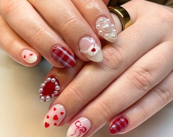 Miffy Bunny, Heart And Bow in Red & Pink Almond Press On Nails, Dreamy Heart Nail, Handmade Acrylic Valentine Fake Nail, Wedding Nails, Gift
