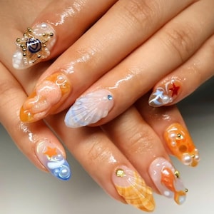 Ocean-inspired Press On Nail, Tropical Beach Designs with 3D Fish, Seashells, Starfish, Summer Handcrafted Press On Nail, Holiday/Party Nail
