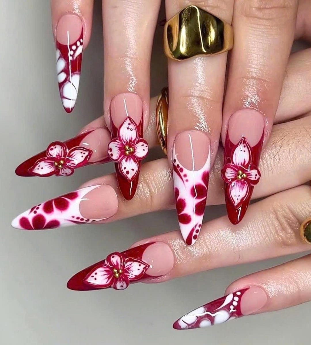 Hand-painted Red Velvet Flowers Press-on Nails, 3D Flower False Nails ...