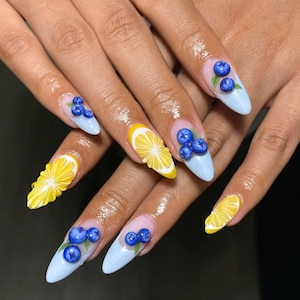 3D Fruit Press On Nails, Hand-Painted Lemon & Blueberry Nails, Summer Cute Nail Art Set, Reusable Handmade Fake Nails, Holiday/Party Nails.
