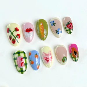 Unique Fruit Party Press On Nails, Handmade Strawberry, Watermelon & Papaya Nail Art, Trendy Vegan-Friendly Nail Designs, Glue On Nail, Gift