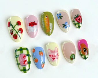 Fruits uniques à presser sur les ongles, décorations d'ongles faites main aux fraises, pastèque et papaye, dessins d'ongles tendance adaptés aux végétaliens, colle sur l'ongle, cadeau