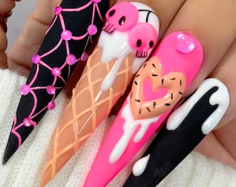 Uñas postizas Kawaii de Halloween, juego de uñas largas personalizado de Halloween, divertido arte de uñas de Halloween con calavera rosa en 3D, uñas postizas de Halloween de moda.