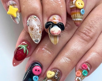 Unhas de pressão personalizadas com desenhos fofos, arte de unha de desenho animado exclusiva com personagens fofos, designs modernos de desenhos animados e animes, unhas 3D, unhas de desenho animado.