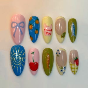 Hand-painted Strawberry & Citrus Press On Nails, Fruit Garden Custom Nail Art, Custom Fruit Lover Press On Nails, Summer Nails, Unique Nails