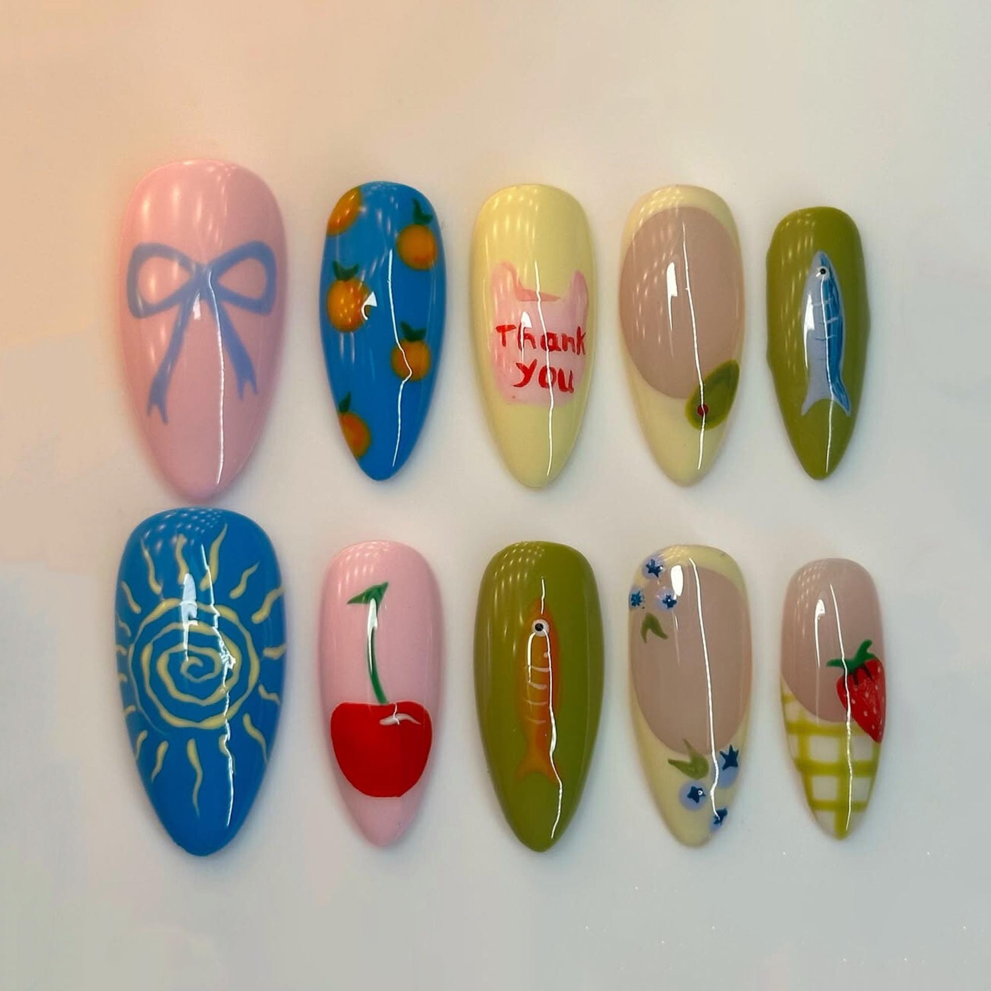 Hand-painted Strawberry & Citrus Press on Nails, Fruit Garden