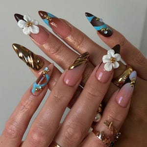 Autumn Press On Nails with 3D Flower and French Tips, Custom Long Almond Fake Nails in Neutral and Brown Tones for Autumn Look, Fall Nails.
