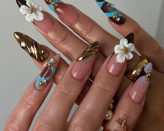 Autumn Press On Nails with 3D Flower and French Tips, Custom Long Almond Fake Nails in Neutral and Brown Tones for Autumn Look, Fall Nails.