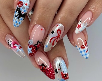 Handmade Retro Nail Art with Red Bows, stars, Cute Black Cat Press On Nails, Unique Kawaii Nails, Cartoon Nails, Fantasy Nails, Party Nails