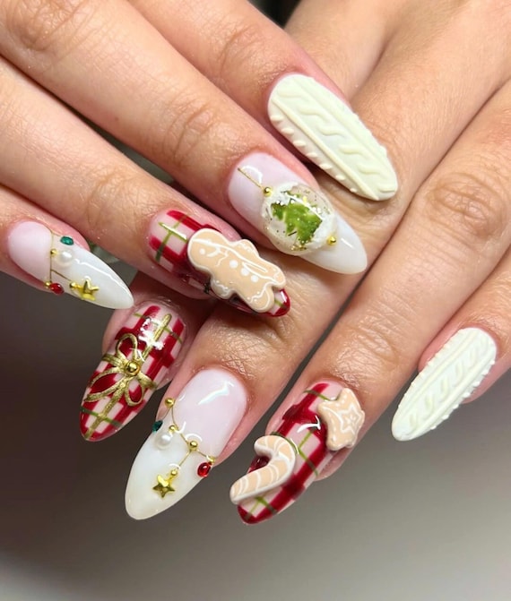 Custom Almond Christmas Nail Art With Gingerbread, Cute Bear, Warm