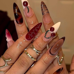Autumn & Cherry Press On Nail, Long Stiletto Fall Nail Set with Cheetah Print, French Tips Nail, Brown Nail Art, Birthday Holiday Party Nail