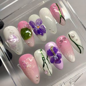 Purple Orchid Press-On Nails, Fairycore Nail Art, Dreamy Nails, Almond Nail Set, 3d gel nail, holiday nails, 3D Flower Nails, Spring Nails.