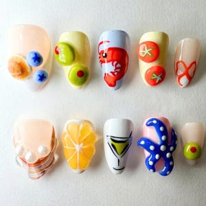 Sweet Sea Cocktail Press On Nails, Custom Summer Nail Set with Bold Tropical Colors, Playful Shrimp, Perfect for Beach Vibes and Fun Parties