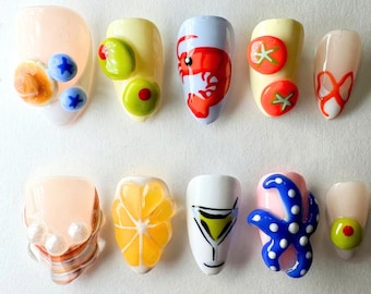 Sweet Sea Cocktail Press On Nails, Custom Summer Nail Set with Bold Tropical Colors, Playful Shrimp, Perfect for Beach Vibes and Fun Parties