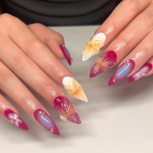Elegant Flower Press-On Nails, Handcrafted Red Ombre Long Nails, 3D Floral - Rhinestone Patterns, Wedding Nails, Holiday/Party Nails, Gifts.