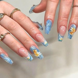 Floral Koi Fish & Lotus Press On Nail, Koi Pond Lotus Fingernails, Custom Press On Nail, Handmade Press On Nail, Faux Acrylic Nail, Gel Nail