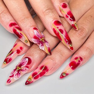 Blooming Flower Press On Nails, Vibrant Long Stiletto Nails, Elegant 3D Flower Fake Nails, Custom Fake Acrylic Nails, Spring Nails, Gifts.