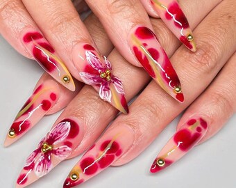 Blühende Blumen-Presse auf den Nägeln, lebendige lange Stiletto-Nägel, elegante künstliche 3D-Blütennägel, benutzerdefinierte Acrylnägel, Frühlingsnägel, Geschenke.