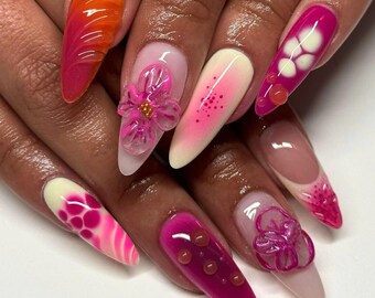 Heldere lente druknagels, handgemaakte levendige lange amandelbloemmotieven voor een frisse en kleurrijke seizoenslook, lentenagels, vakantienagel