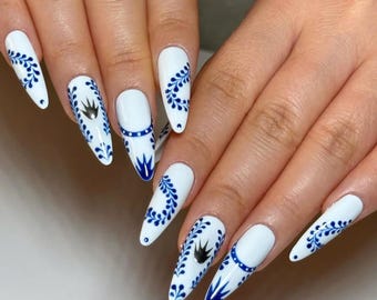 Blue and White Hand-Painted Press On Nails, Porcelain Inspired Nail Art, Long Almond Nail Set, Reusable Handmade False Nails, Gift for Her.
