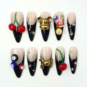 Trendy Billiard Press On Nails, Hand-painted Long Almond Nail Set with Black French Tips,Cherries Gold Charm, Eight Ball, Billiard Fake Nail