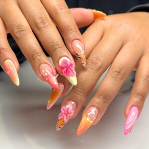 Elegant Flower Press-On Nails, Handcrafted Chrome Nails, 3D Floral - Tiger Print Accents, Spring Nails, Birthday, Holiday Nail Art, Gel Nail
