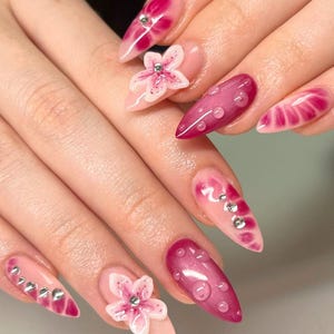 Pink Ombre Flower Nails, Orchid Flower Press On Nail Almond Nails, Dreamy Nails, Custom Hand-painted Acrylic nail, False Nails, Floral Nails