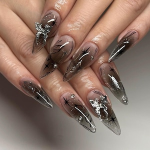 Black Butterfly Press On Nails, Black Stiletto Nails, Hand-painted False Nails, Custom Fake Nails, Trendy Glue on Nails, 3D Gel Nail Art.