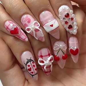 Unique Love Mailbox Nail Set, Pink Valentine Press On Nails, Dreamy Heart Press-Ons, Almond Acrylic Valentine Fake Nails, Romantic Nail Set.