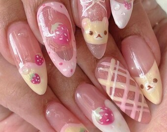 Pink Valentine Press On Nails, Unique Chrome Nail Art with Strawberry, Miffy, Custom Acrylic Valentine Fake Nails, Colorful Nail, Cute Nails
