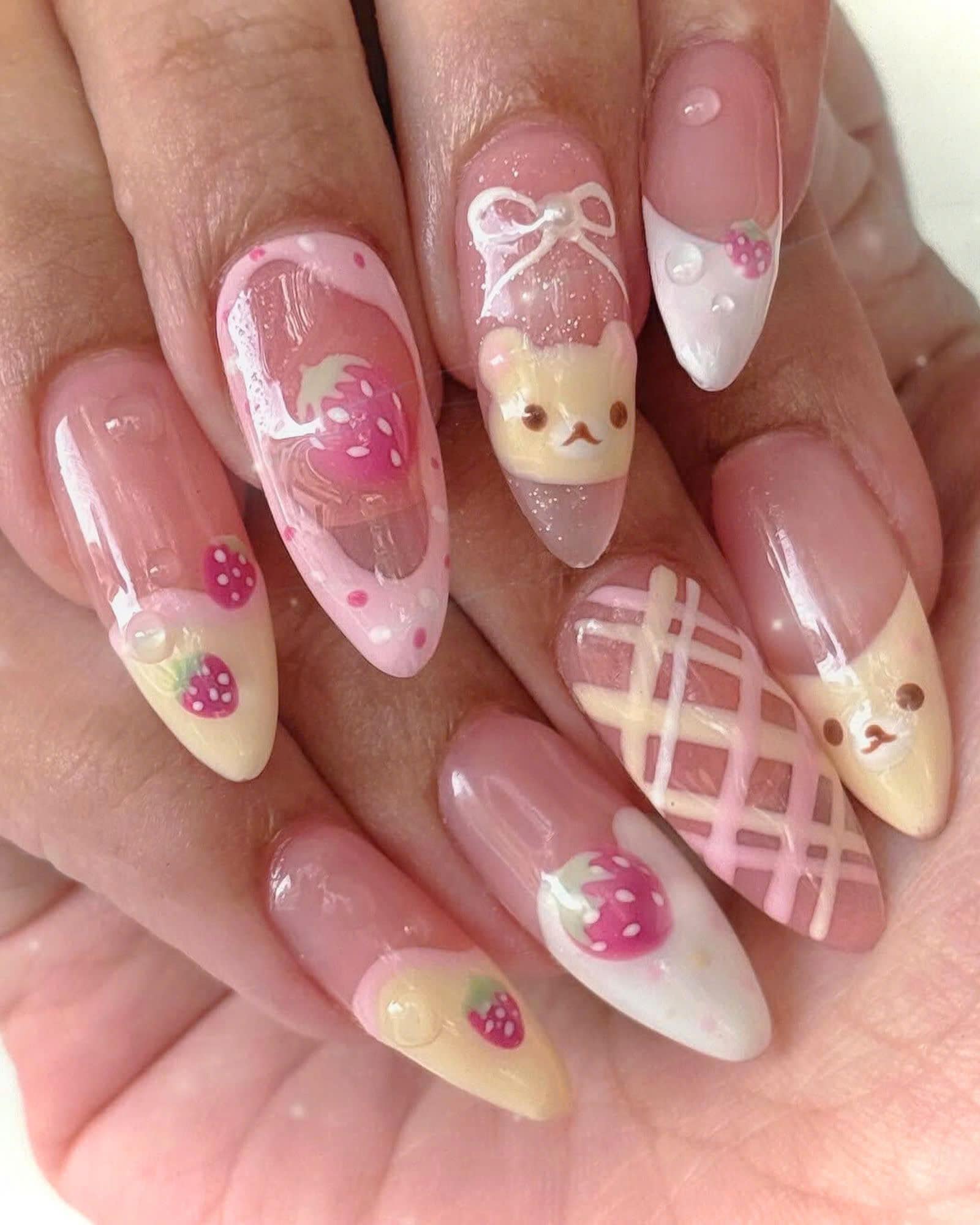Pink Valentine Press On Nails, Unique Chrome Nail Art with Strawberry, Miffy, Custom Acrylic Valentine Fake Nails, Colorful Nail, Cute Nails