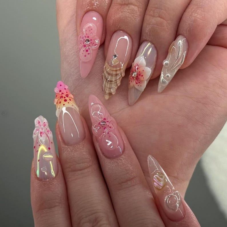 pink nails, short almond nails, nails press on, nails set, press on nails short, glitter nails, birthday nails, gift for her, hand-painted nail glue