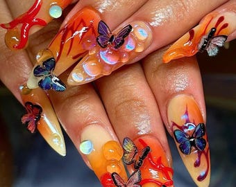 Uñas postizas 3D con diseño de mariposa, juego de uñas largas con forma de almendra, uñas primaverales, uñas postizas coloridas, uñas 3D, uñas ombré, uñas de verano, regalo para ella.