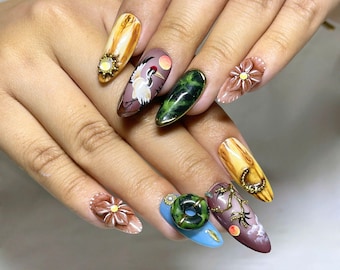 Asian Inspired Press On Nails, Unique Almond Nails with Crane, Dragon, Jade Green Nails, Handmade Fake Nails, Luxury Nail Art, Gift for Her