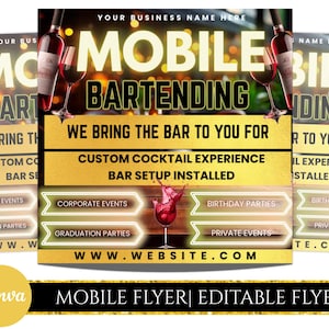 Mobile Bartending Flyer, Event Bartender Flyer, Premade Corporate Drink Service Party Flyer, Mixologist Portable Bartending, Canva Editable