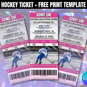 Hockey Ticket verjaardagsuitnodiging afdrukbare sjabloon, bewerkbare verjaardagsuitnodiging, verjaardagsfeestje hockey thema, verjaardagsuitnodiging, canvas