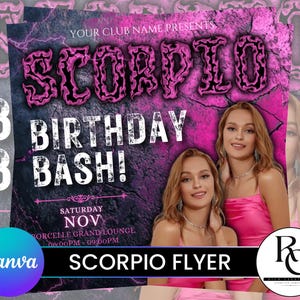 Editable Scorpio Birthday Flyer, Birthday Template, Birthday Girl, Pink Birthday Flyer, Scorpio Season, Party Flyer, Celebration Flyer Canva