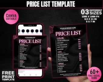 Price List Template, DIY Printable Hair Stylist Wig Braids Nail Lash Makeup Canva Template, Editable Beauty Salon Pricing Template Design