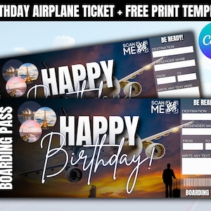 Billet d'avion d'anniversaire à imprimer, billet de voyage surprise, carte d'embarquement, cadeau d'anniversaire, vacances surprise, billet d'avion modifiable à télécharger